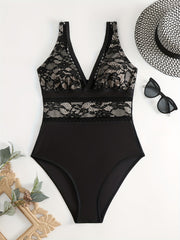Sexy Lace Deep V Neck One Piece Swimsuit for Women