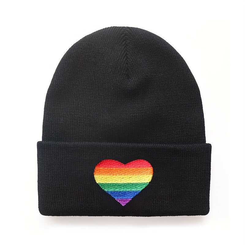 Rainbow Heart Embroidered Beanie