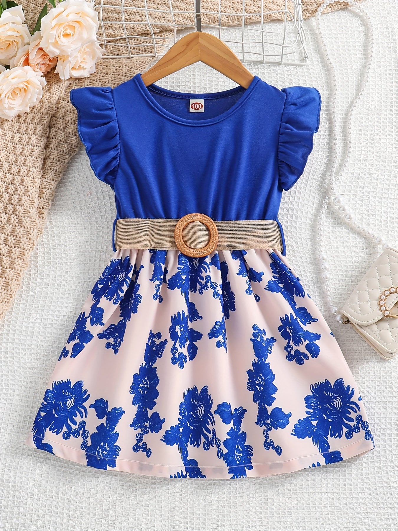 Girls Sleeveless Ruffle Crew Neck Flowers Print Splicing Princess Dress