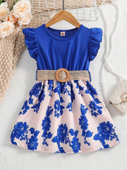 Girls Sleeveless Ruffle Crew Neck Flowers Print Splicing Princess Dress