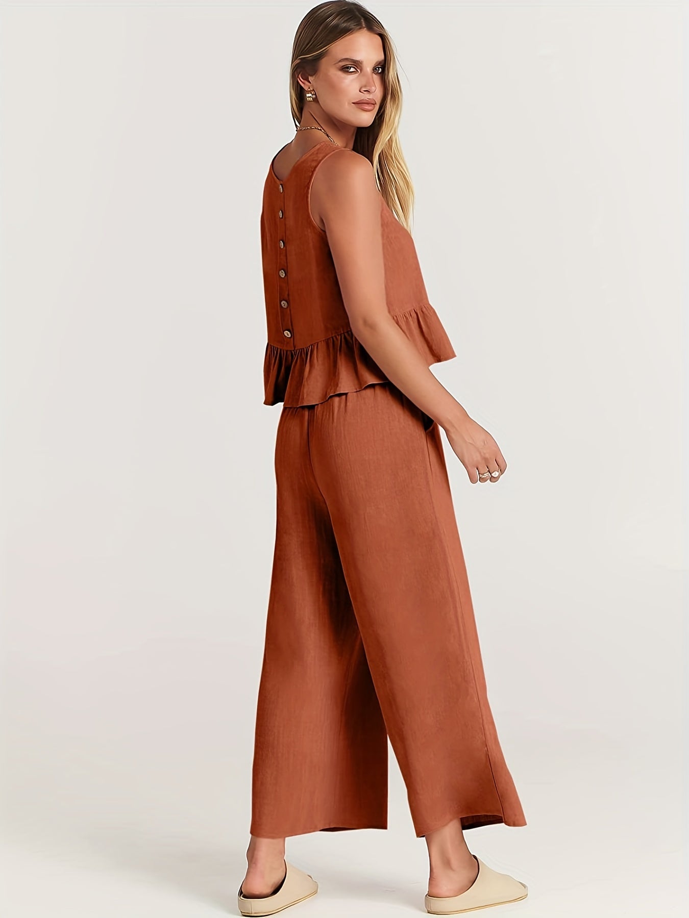 Plus Solid Button Decor Ruffle Trim Tank Top & Wide Leg Pants Set