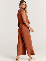 Plus Solid Button Decor Ruffle Trim Tank Top & Wide Leg Pants Set
