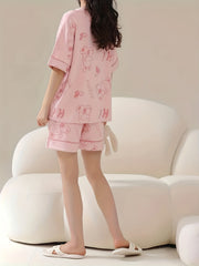 Bunny Print Pajamas Set Crew Neck Top & Shorts