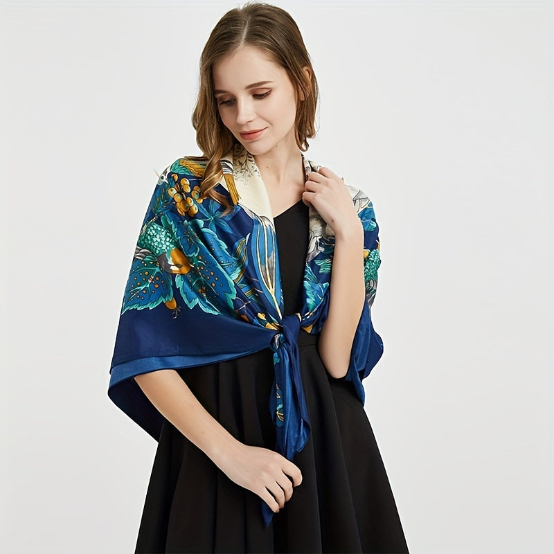 Satin Square Scarf Bird Flower Printed Sunscreen Large Shawl
