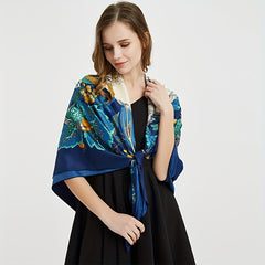 Satin Square Scarf Bird Flower Printed Sunscreen Large Shawl