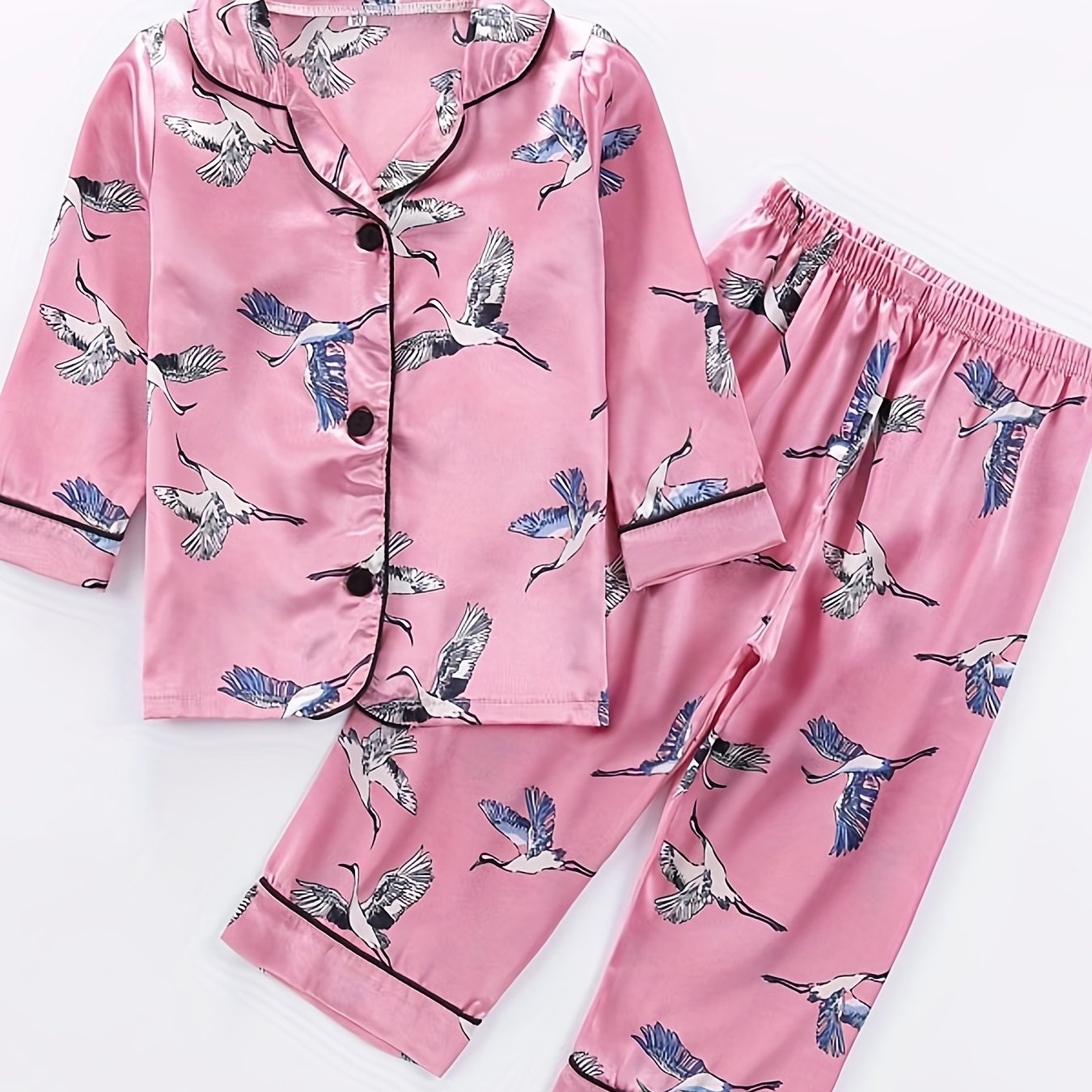 Girls 2pcs Pajamas Top & Pants Crane Print Long Sleeve Button Front PJ Set