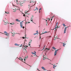 Girls 2pcs Pajamas Top & Pants Crane Print Long Sleeve Button Front PJ Set
