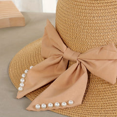 Faux Pearl Ribbon Bow Hat Wide Brim Straw Sun Hat