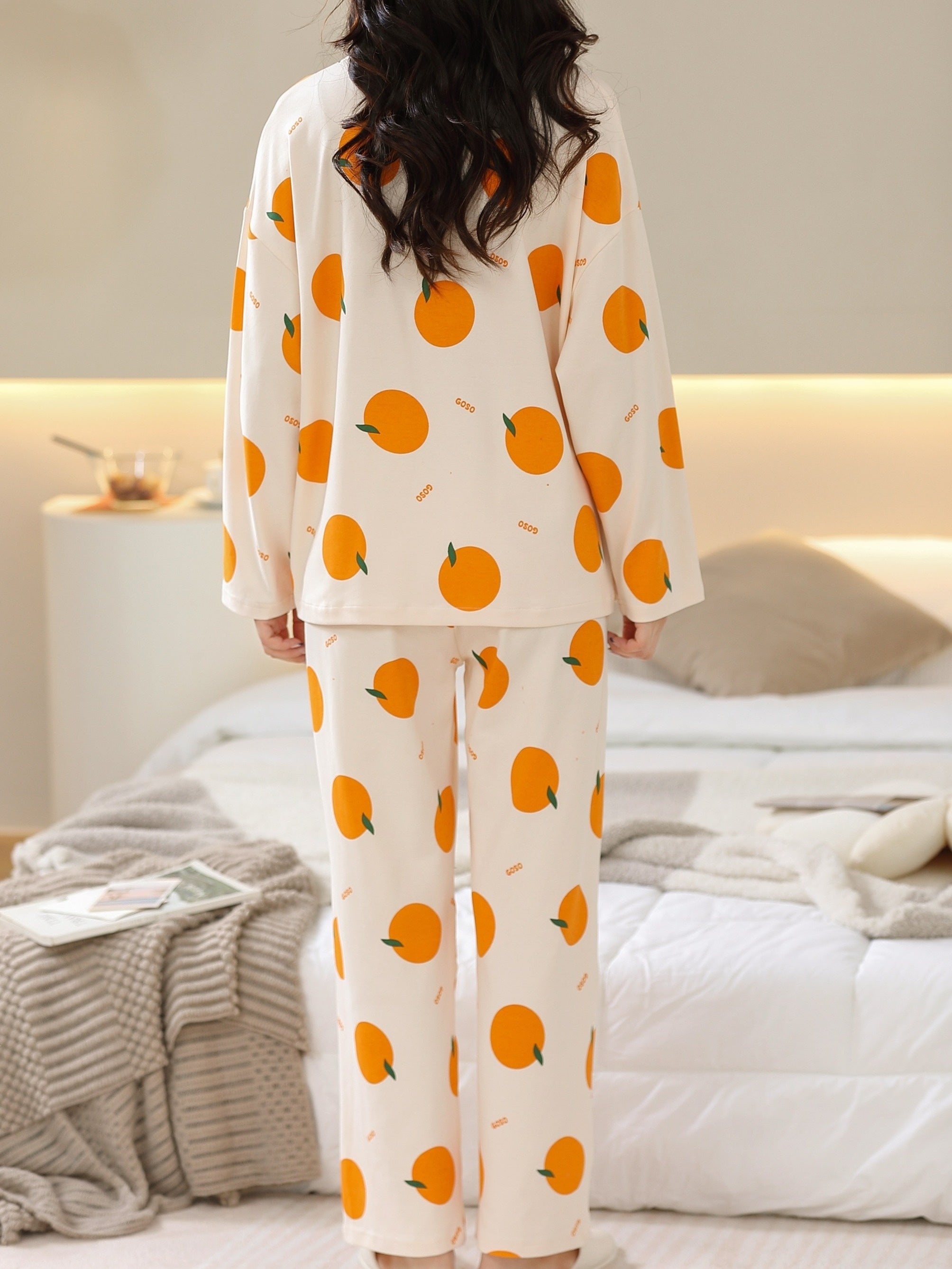 Fruit Print Pajama Set Long Sleeve Buttons Top & Elastic Waistband Pants