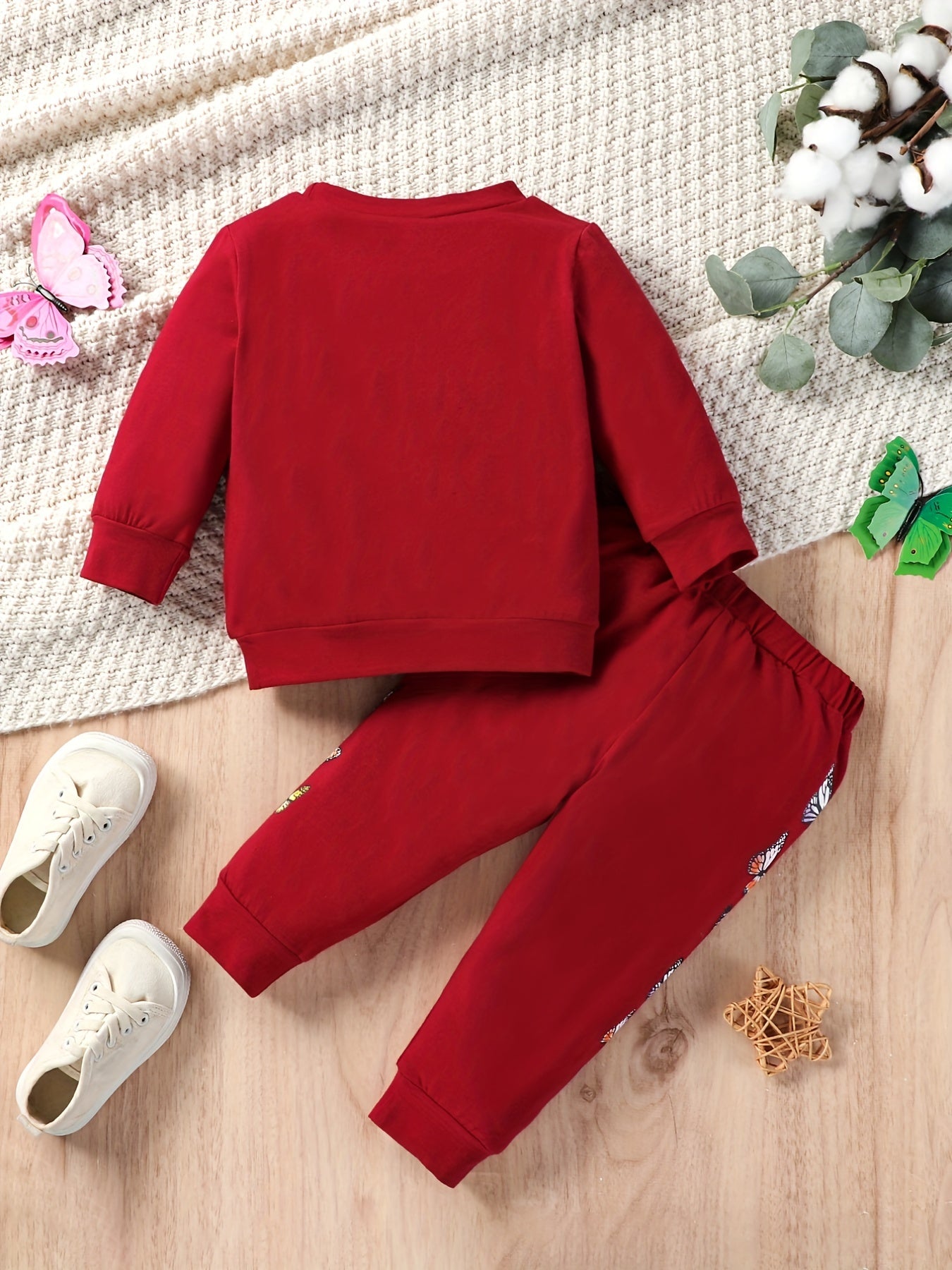Solid Butterfly Printed Pullover Top & Trousers Suit