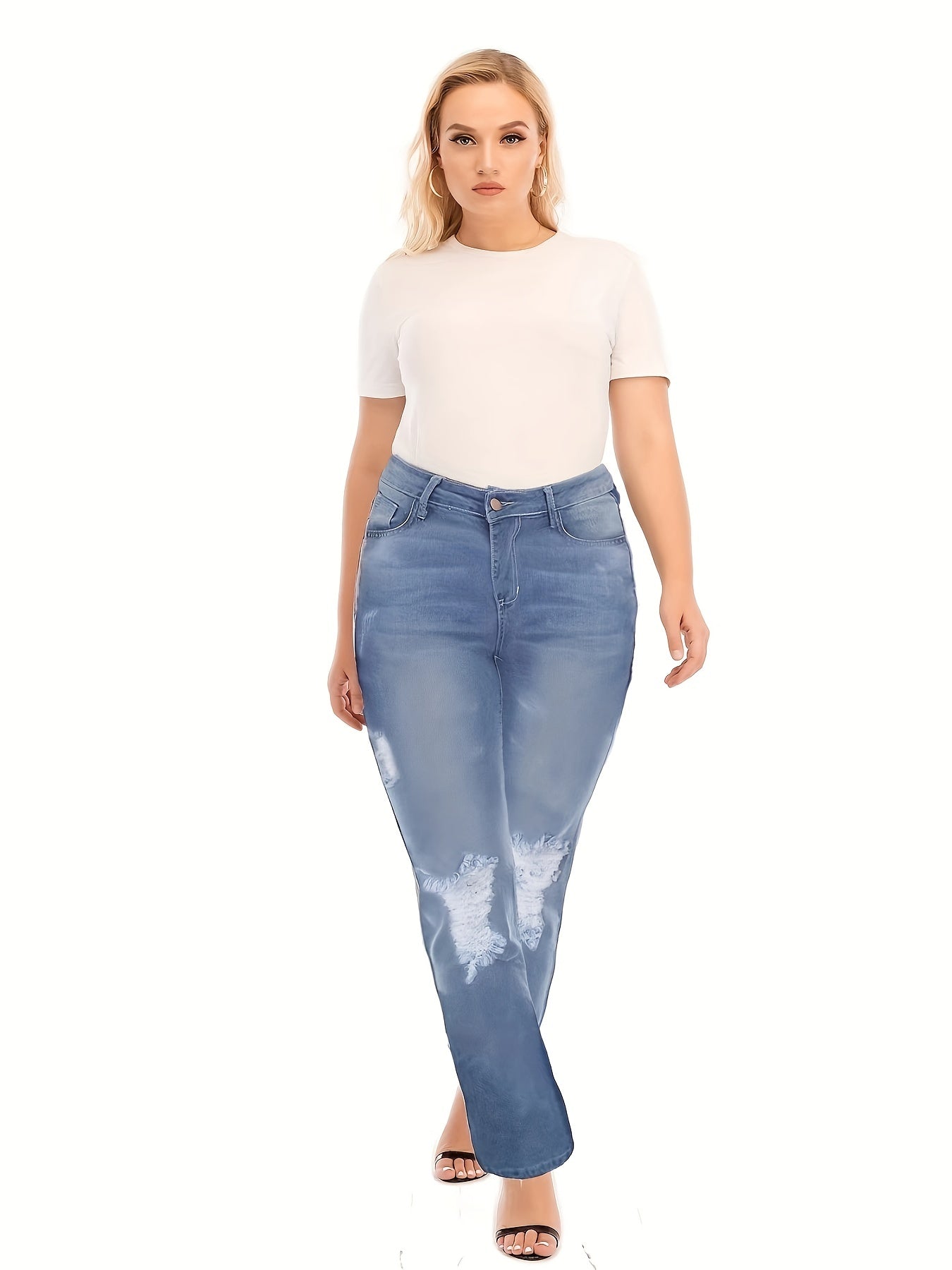 Solid Ripped High Rise Straight Leg Jeans