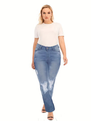 Solid Ripped High Rise Straight Leg Jeans