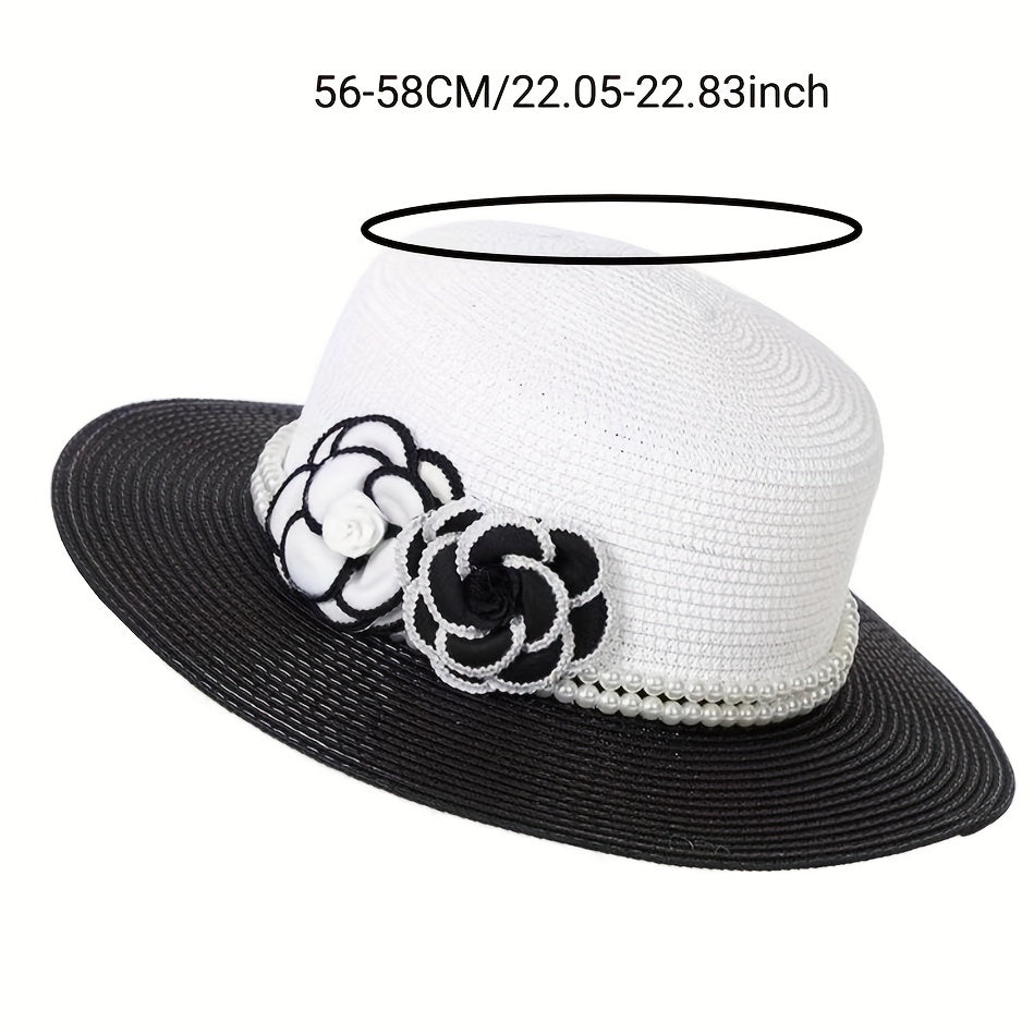 French Style Straw Hat Camellia Faux Pearl Chain Decor & Sun Hat