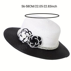 French Style Straw Hat Camellia Faux Pearl Chain Decor & Sun Hat