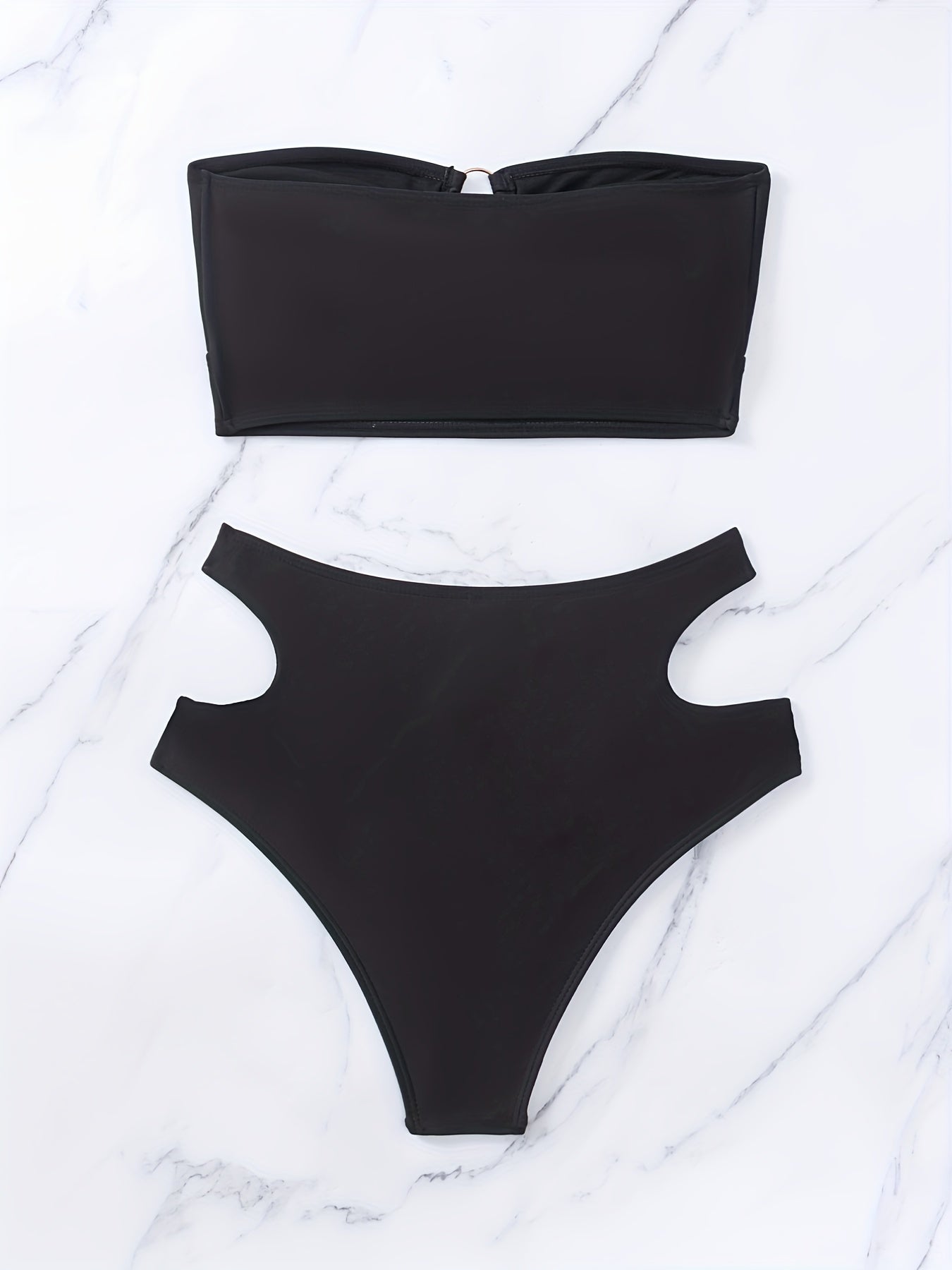 Ring Linked Bandeau Bikini Set Solid Two Piece Swimsuit