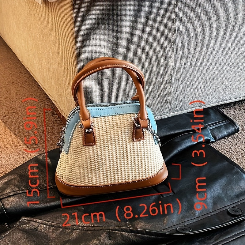 Colorblock Straw Satchel Bag Zipper Shoulder Chain Handbag