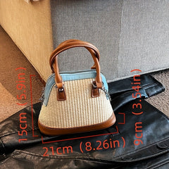 Colorblock Straw Satchel Bag Zipper Shoulder Chain Handbag
