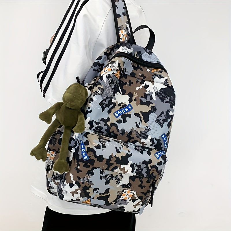 Camouflage Backpack with Frog Pendant for School and Travel
