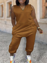 Casual Jumpsuit Women's Solid V Neck Romper With Pockets