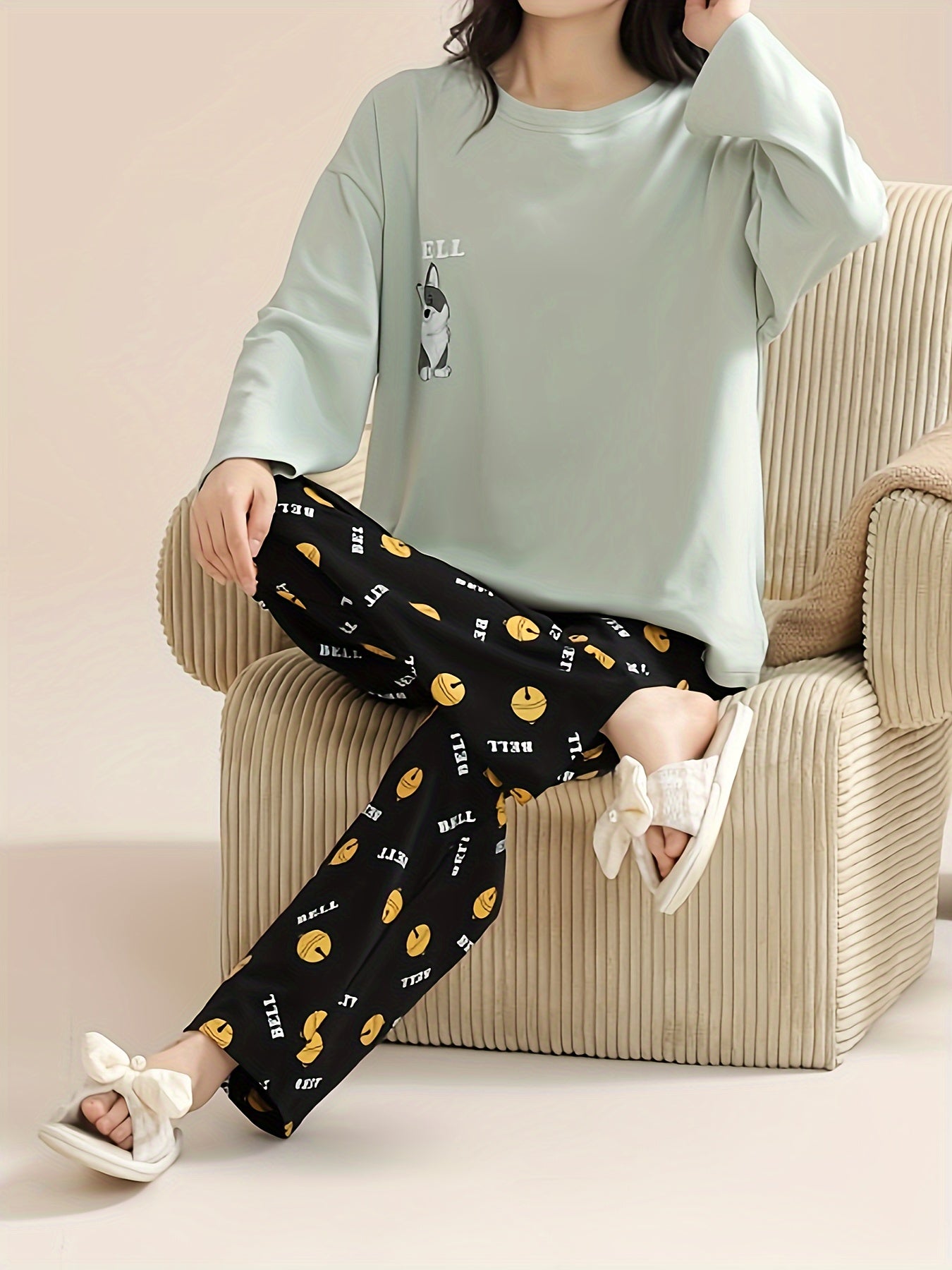 Cartoon Dog Print Pajama Set Long Sleeve Top & Pants Women's Sleepwear