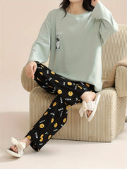 Cartoon Dog Print Pajama Set Long Sleeve Top & Pants Women's Sleepwear