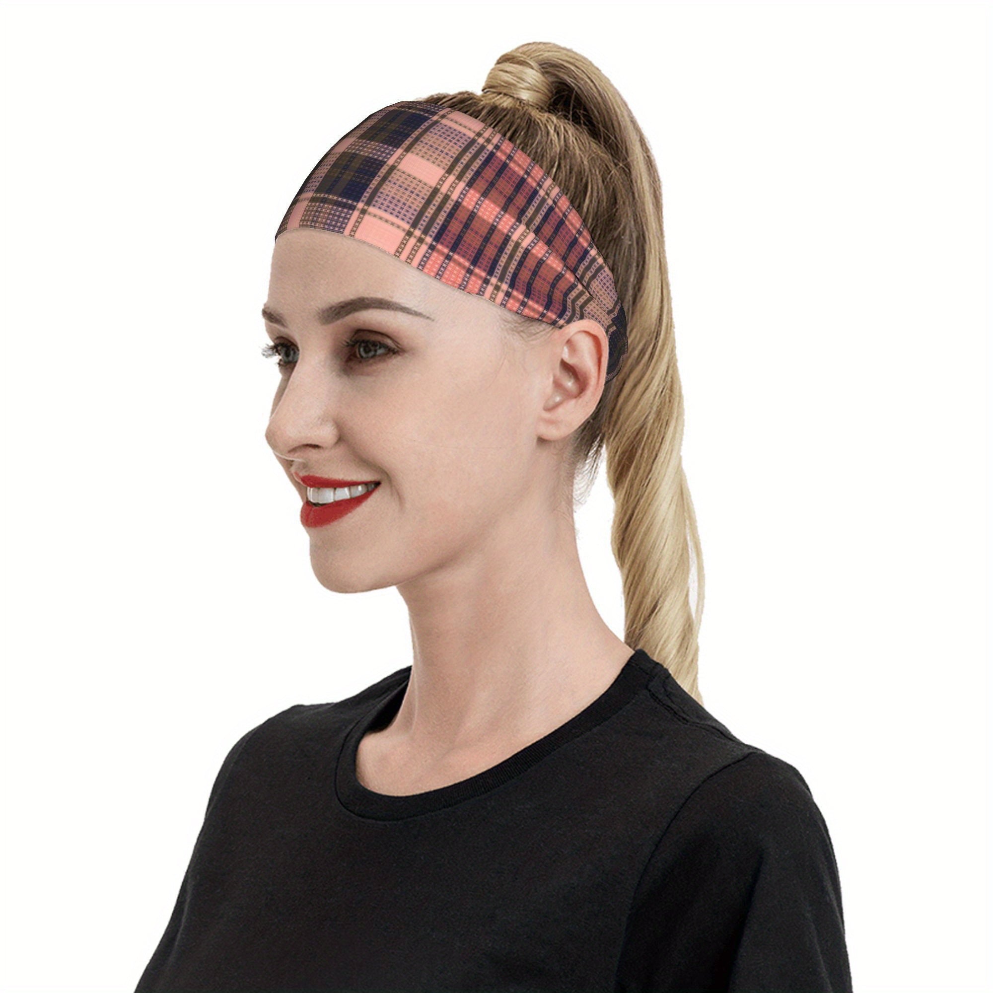 Men's Vintage Plaid Headband Soft Pink Lightweight Hairband Gym Running Non Slip
