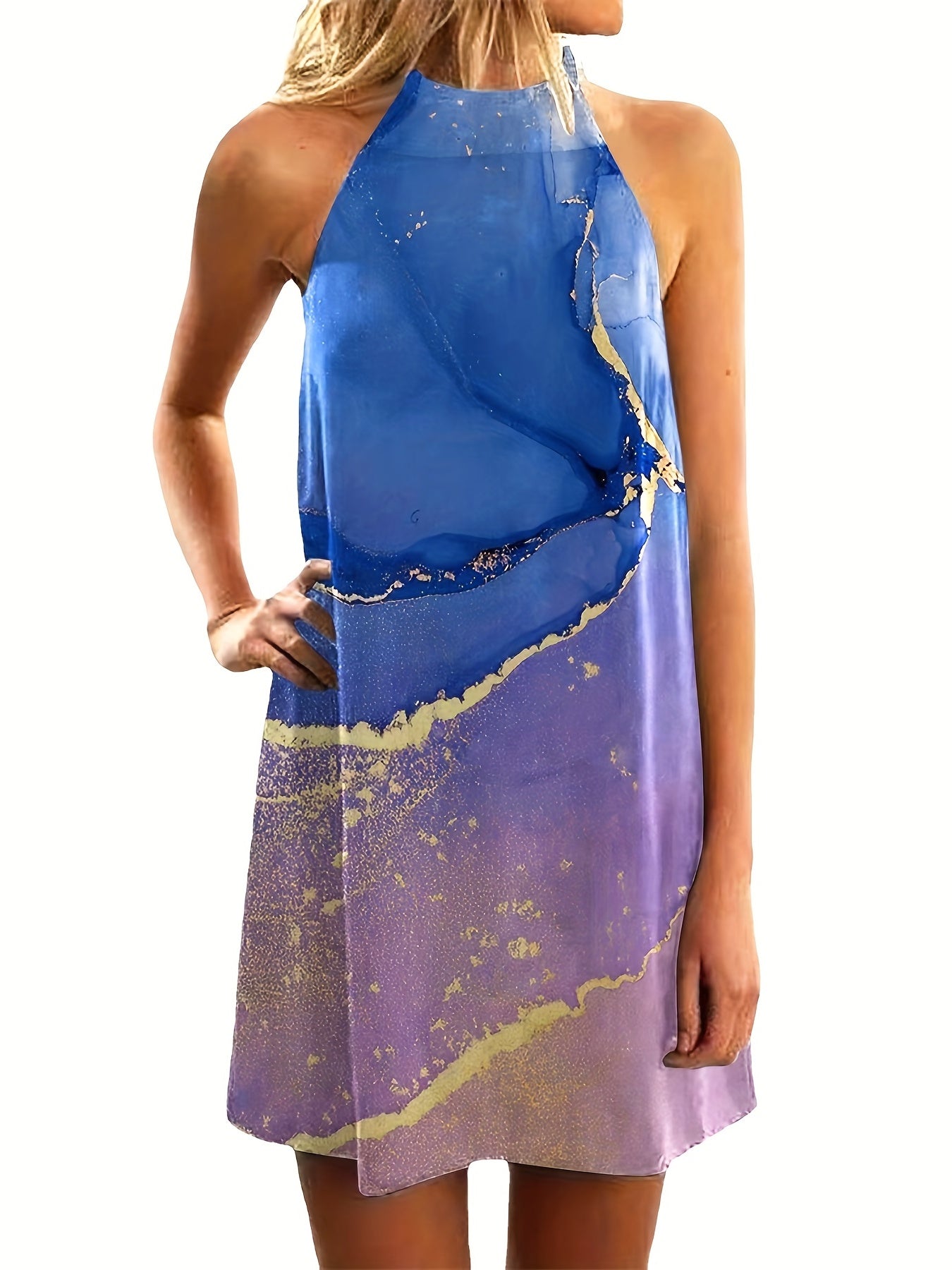 Marble Print Gradient Spaghetti Dress Summer Mini Dress