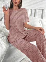 Ribbed Lounge Set Short Sleeve Crew Neck Top & Pants Women's Loungewear