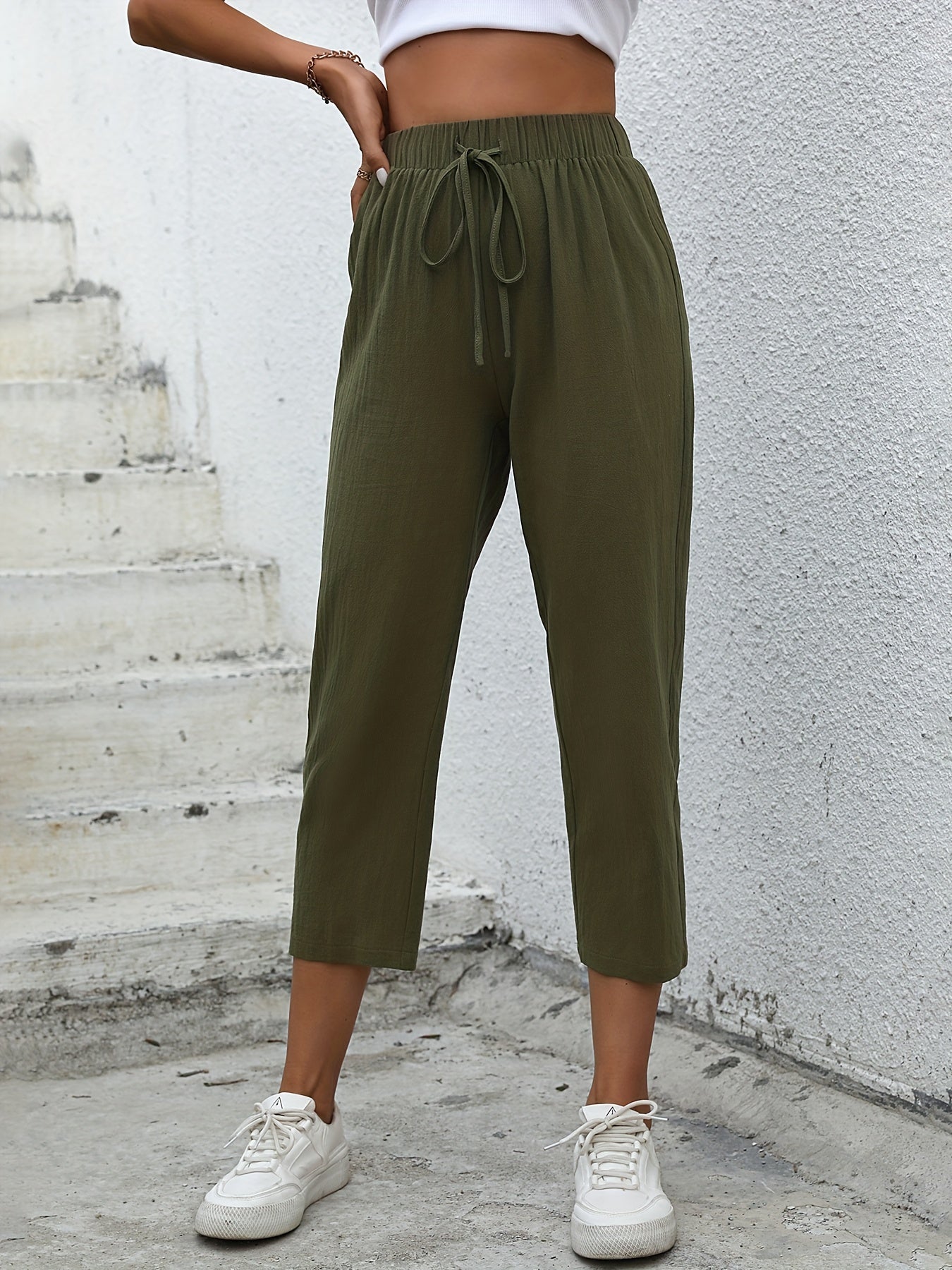 High Waist Drawstring Cropped Pants Women's Clothing