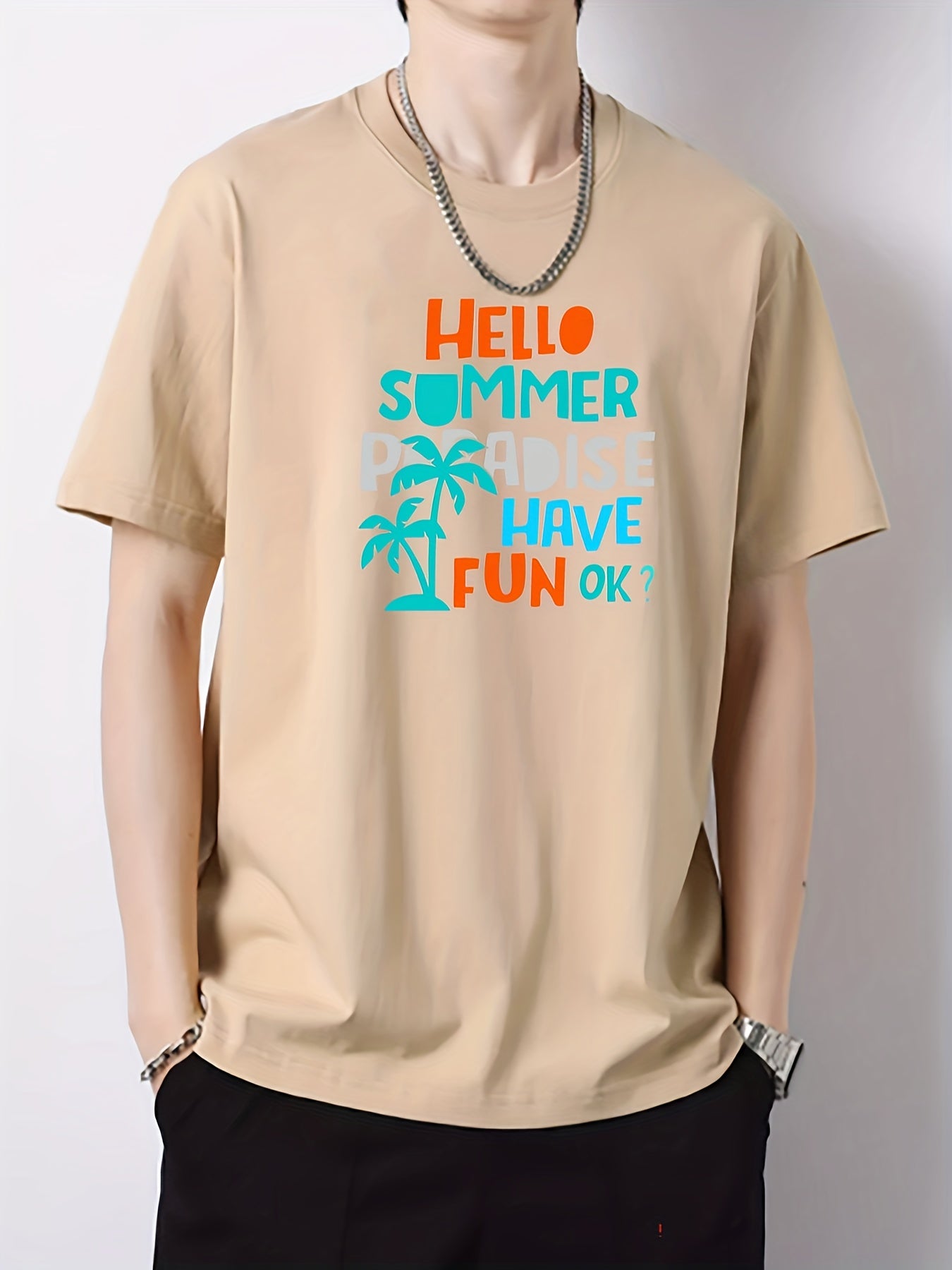 Summer Paradise Print Men's Cotton Graphic Crew Neck Active T Shirt