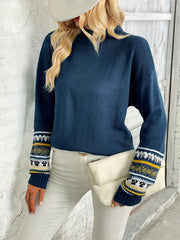 Graphic Print Mock Neck Pullover Sweater Long Sleeve for Fall & Winter