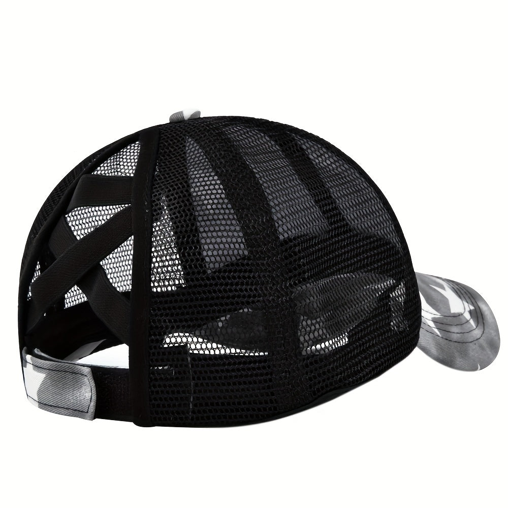 Cross Ponytail Baseball Cap Flag Grid Trucker Hat