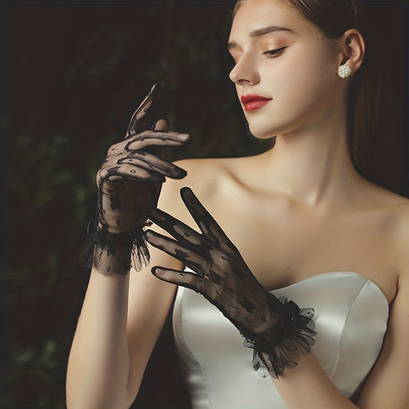 Short Lace Gloves Bowknot Ruffles for Bridal Wedding Dress
