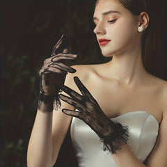Short Lace Gloves Bowknot Ruffles for Bridal Wedding Dress