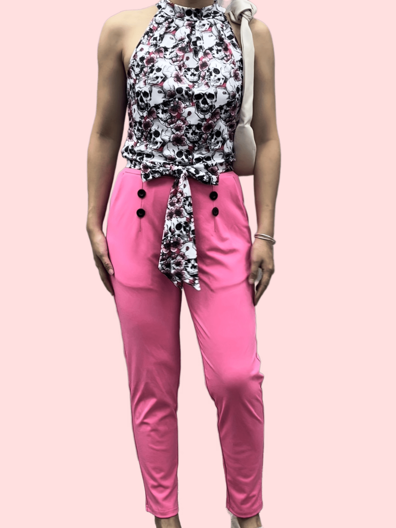 Skull Print Tops & Solid Pants Set Sleeveless Outfits