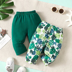 2pcs Baby Boy Green Plant Printed Leggings Cotton Trousers
