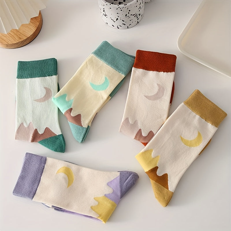 5 Pairs Moon Print Socks Colorblock Crew Socks Women's Stockings