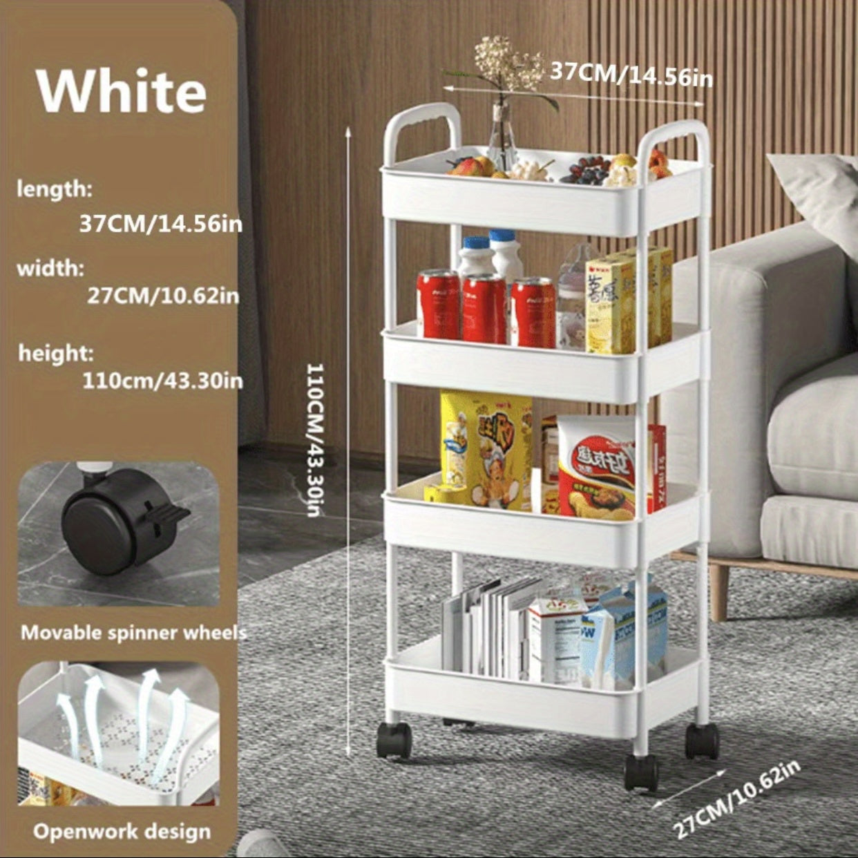 1pc Mobile Storage Cart with Wheels Convenient Floor Storage Rack