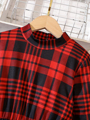 Plaid Print Long Sleeve Dress for Girls