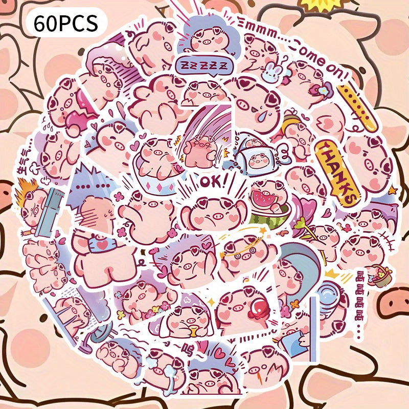 60pcs Cartoon Pig Stickers Reusable PVC Decals for Crafts Mixed Colors & Shapes