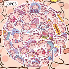 60pcs Cartoon Pig Stickers Reusable PVC Decals for Crafts Mixed Colors & Shapes
