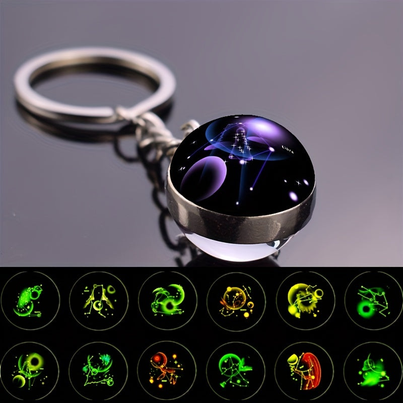 12 Constellations Double Side Glass Ball Key Ring Glow At Night