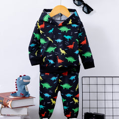 Colorful Dino Print Boy's 2pcs Sweatshirt & Sweatpants Set