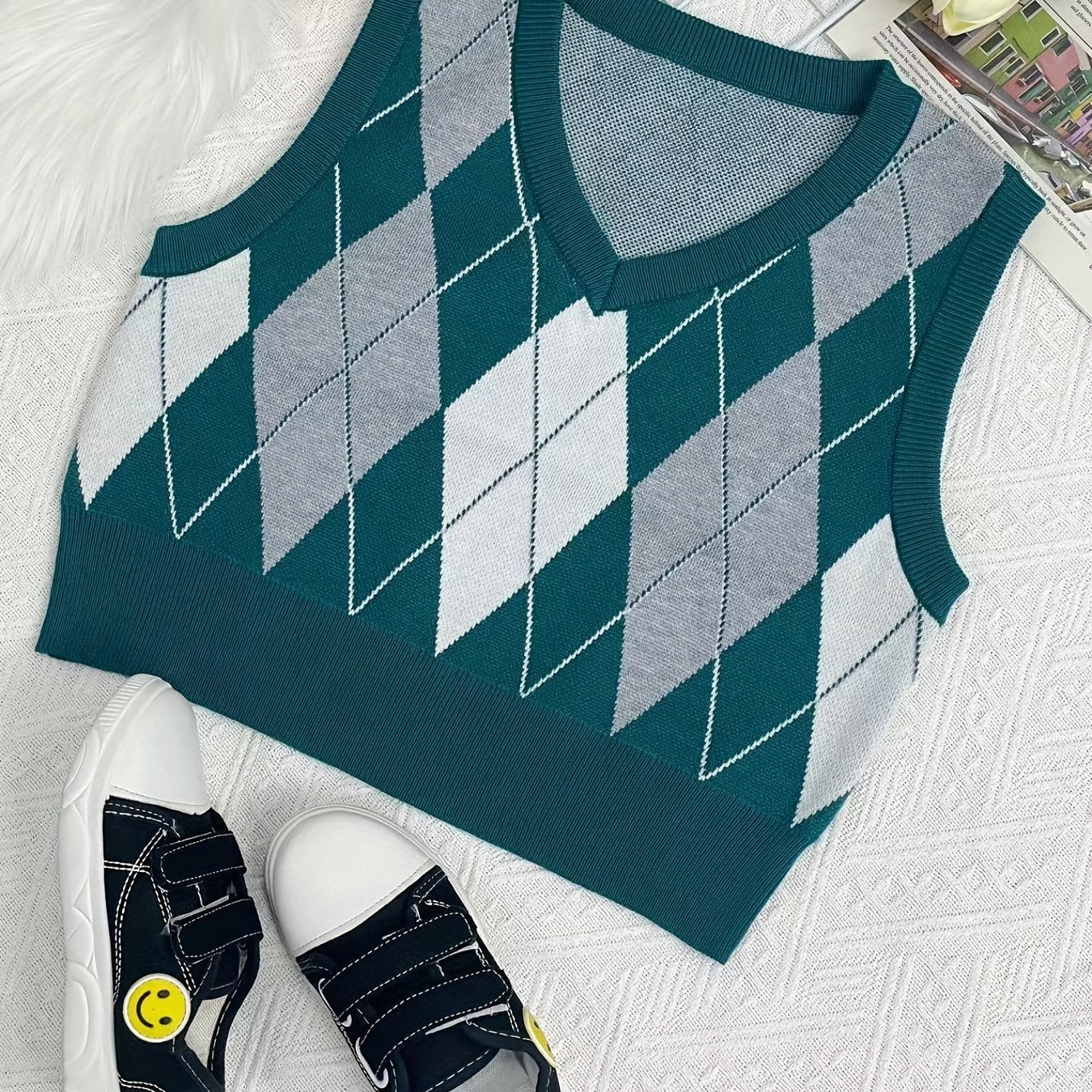 Boys Retro College Style V Neck Knitted Sleeveless Sweater Vest