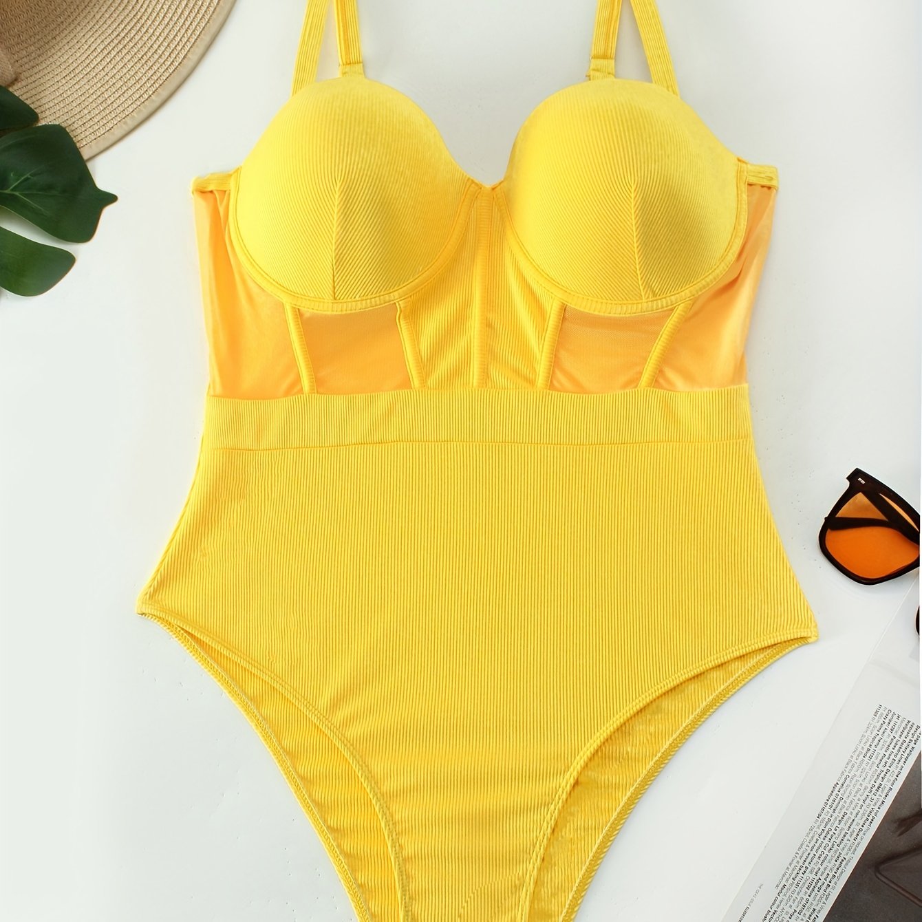 One Piece Swimsuit Contrast Mesh Ribbed Knit Bathing Suit