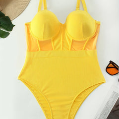 One Piece Swimsuit Contrast Mesh Ribbed Knit Bathing Suit