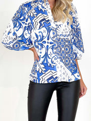 Plus Size Chinoiserie Print Long Sleeve Blouse