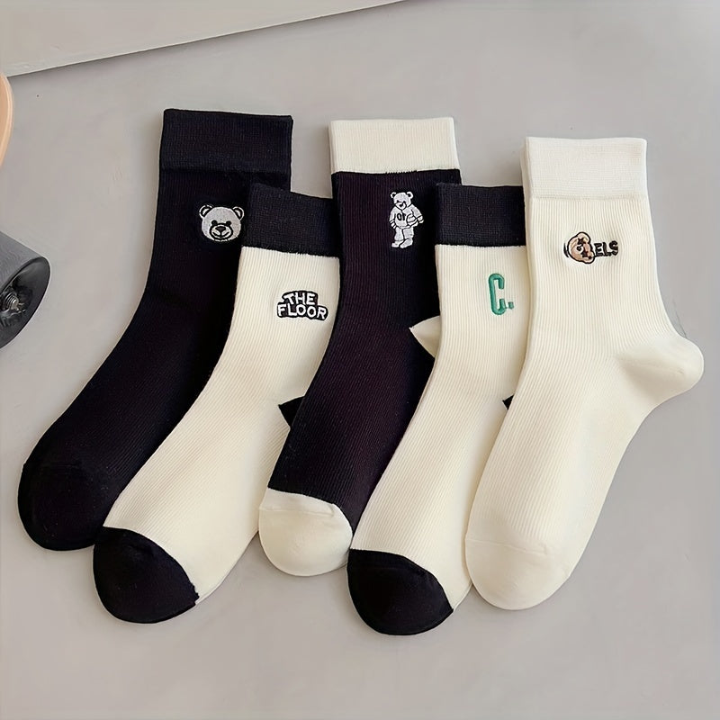 5 Pairs Cartoon Bear Embroidered Socks Women's Stockings