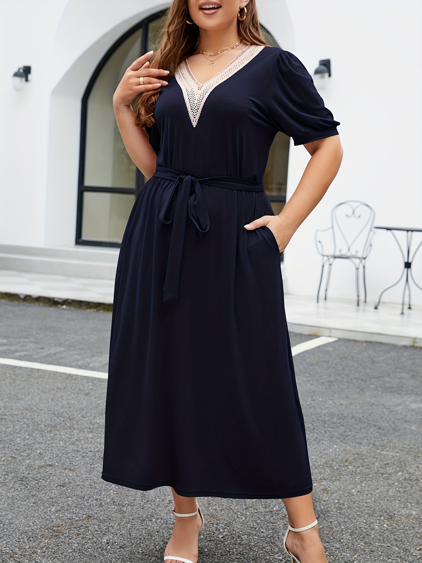 Contrast Lace Short Sleeve V Neck Belted Dress