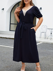 Contrast Lace Short Sleeve V Neck Belted Dress